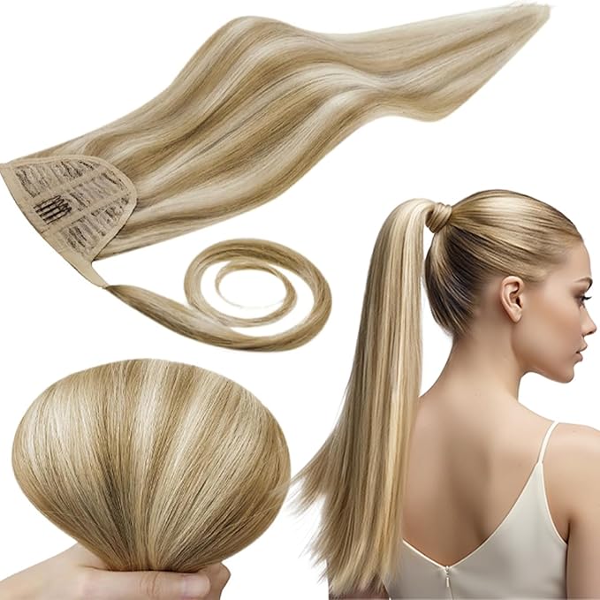 RUNATURE Blonde Hair Ponytail Extension, Real Human Hair Ponytail Extension, Natural Remy Hair for Women, Easy to Install, Long Ponytail 20 Inch 80g #16P22 Beige Blonde Highlights