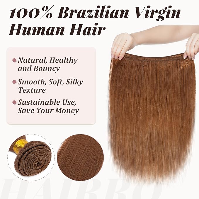 Hairro Sew in Hair Extensions Real Human Hair, 100g/bundle Weave Weft for Women Adding Volume and Length, for DIY Beauty Dating Party, 20 Inch One Bundle Straight #30 Auburn