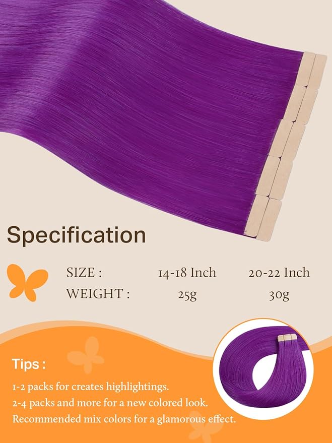 DOORES Human Hair Tape in Extensions, Purple 20 Inch 30g 10pcs, Tape in Remy Hair Extensions Skin Weft Natural Hair Extensions Straight Long Hair