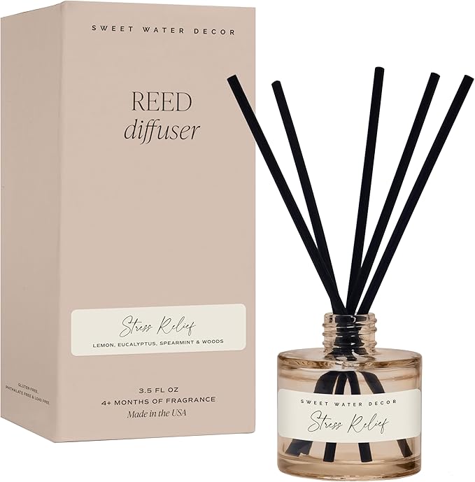 Sweet Water Decor Stress Relief Reed Diffuser – Room Decor Aesthetic with Long-Lasting Premium Fragrance of Lemon, Orange, Eucalyptus, Parsley, Lavender, and Sage for 4 Months – Ideal for Home Decor