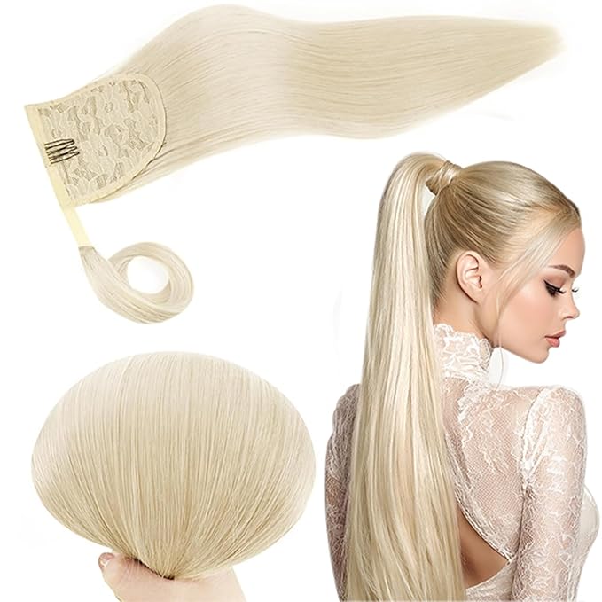 RUNATURE Real Hair Ponytail Extension 18 Inch 80g Ice Blonde Ponytail Human Hair Extensions Natural Clip in Ponytail Hair Extensions Real Human Hair for White Women Long Pony Tails Extension