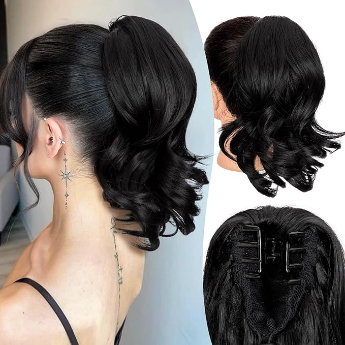 Ponytail Extension for Women,12 Inch Clip in Claw Curly Wavy Pony Tails Hair Extensions for Womens Synthetic Hair Extensions Ponytail Daily Use (Black)