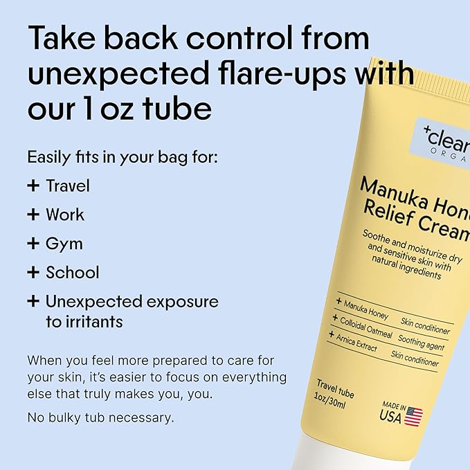 Clearbody Organics Manuka Honey Cream for Ezcema & Dry Skin - Manuka Honey Ointment - Colloidal Oatmeal, Aloe & Natural Ingredients - Fast Relief Lotion for Reactive Skin - No Greasy Residue - 1 oz