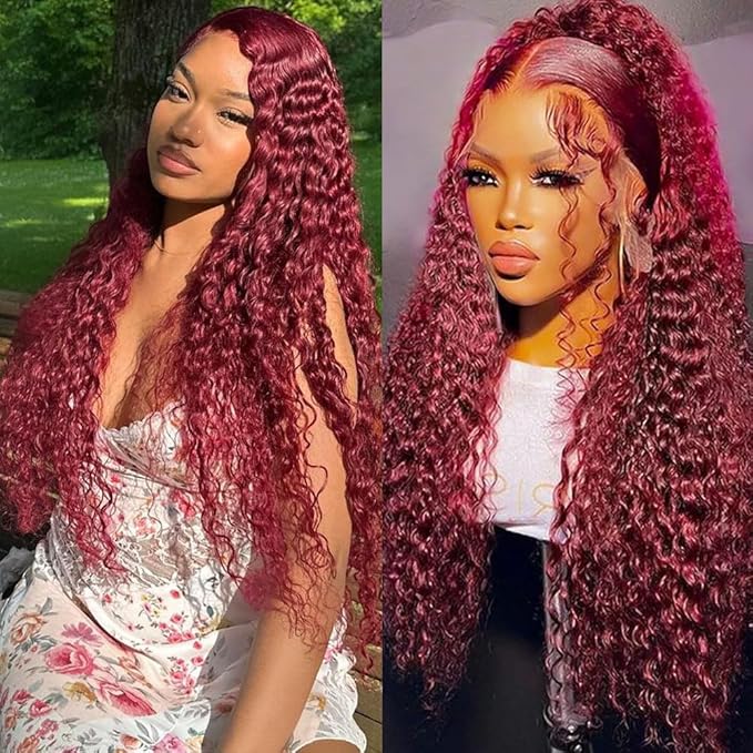 99J Burgundy Deep Wave Lace Front Wigs Human Hair Pre Plucked 13x4 HD Lace Front Wigs for Black Women 24 Inch Red Colored Deep Curly Wet and Wavy Glueless Human Hair Wig