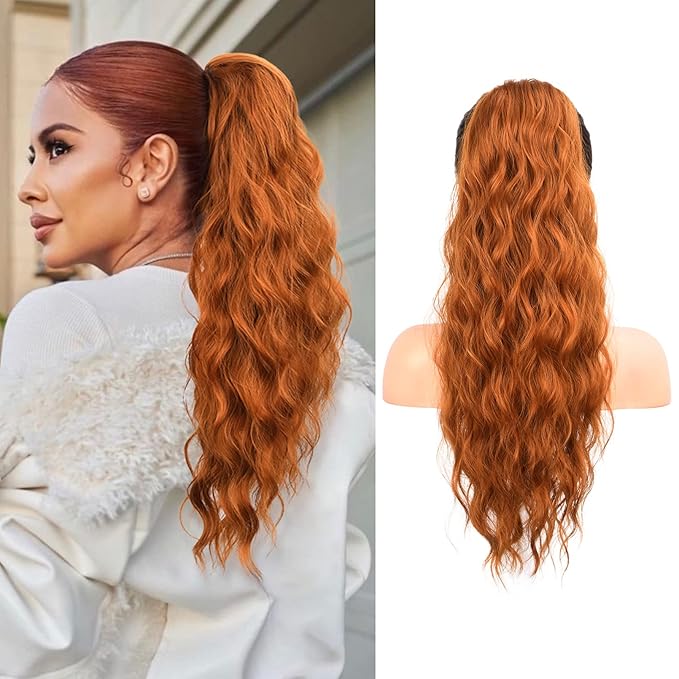 Flufymooz Ponytail Extension, 22 Inch Drawstring Ponytail Hair Extensions for Women， Long Curly Wavy Pony Tail Natural Wavy Synthetic Hairpiece for Women Daily Use party (22 Inch Copper Red)