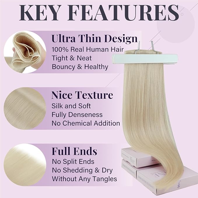 Fshine Genius Weft Human Hair Extensions Color #1000 White Blonde 20 Inch 60g Real Human Hair Sew in Hair Extensions for Women Blonde Human Hair Bundle One Piece Remy Human Hair