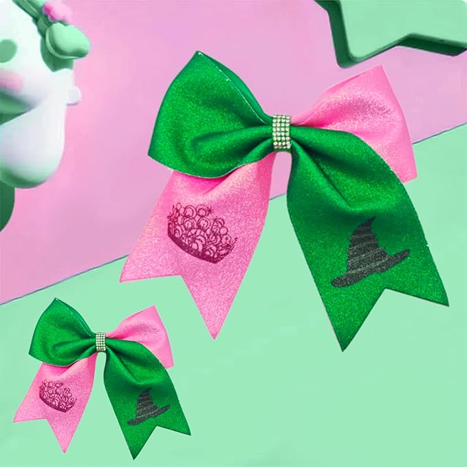 2Pcs Green & Pink Hair Bows – Witch Hair Accessories, Witch Merch Gifts for Women, Inspired Clips for Musical Fans & Costume Parties (Pink/Green)