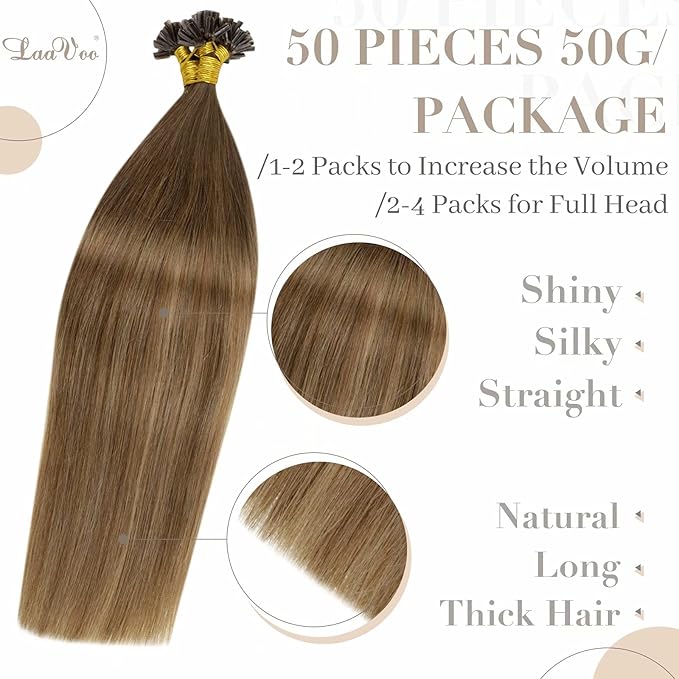 LaaVoo U Tip Hair Extensions Human Hair Balayage Brown K Tip Hair Extensions Real Human Hair Light Brown Mix Golden Brown 14 Inch 50g 50s