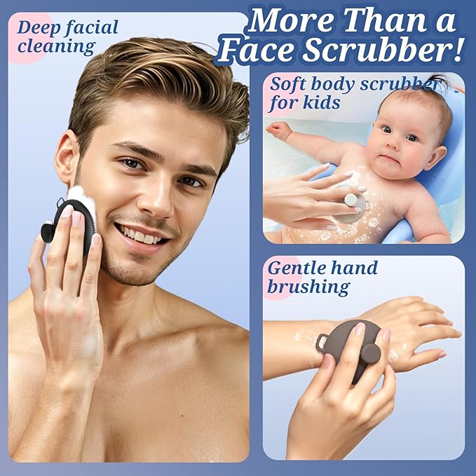 Silicone Face & Back Scrubber Set, Manual Face & Body Scrubber Exfoliator with Soft Bristles and Non-Slip Handle, Back Brush Bath Brush with Detachable Brush Head(2PCS Blue Set)