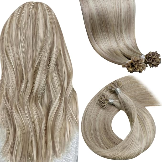 LaaVoo K Tip Hair Extensions Real Human Hair Blonde Utip Hair Extensions Ash Blonde Mixed With Bleach Blonde Ktip Human Hair Extensions 100g/100s 16 Inch