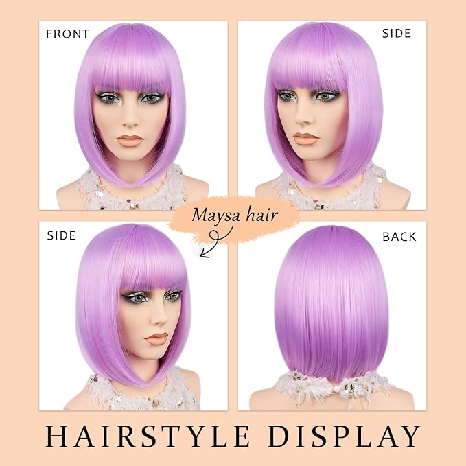 MAYSA Purple Bob Wig with Bangs for Women Short Straight Neon Bob Wig 12in Synthetic Cosplay Daily Party Colorful Wigs # Light Purple