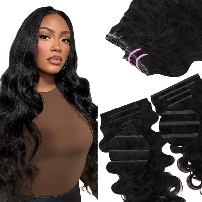 Lashey 5pcs Invisi Edge & 4pcs Seamless Clip in Hair Extensions Human Hair, 18 Inch 130g Real Human Hair Extensions Natural Black Body Wave Hair