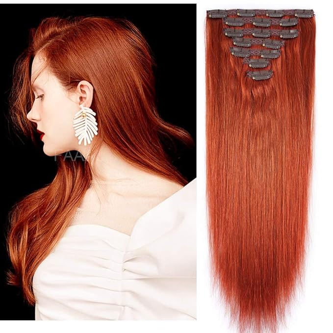 16" Clip in Human Hair Extensions Full Head 130g 7 Pieces 16 Clips Copper Red Double Weft Brazilian Real Remy Hair Extensions Thick Straight Silky (16" 130g, #350)