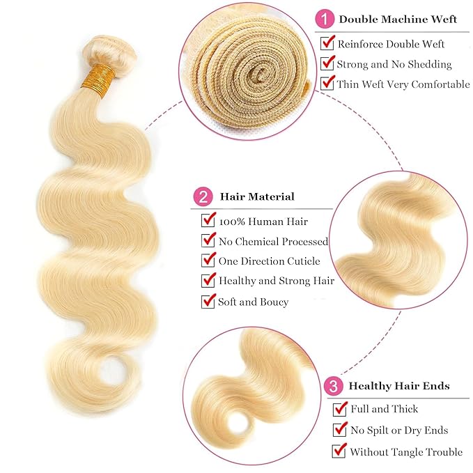 613 Blonde Body Wave Bundles Human Hair 14 inch 100% Unprocessed Virgin Human Hair Single Bundle 12A Quick Weave Hair Extensions Double Weft