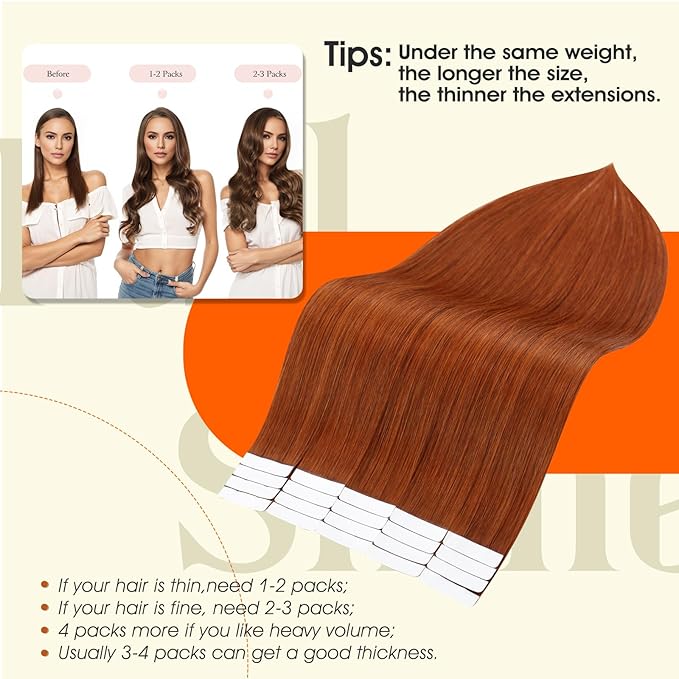Full Shine Tape in Hair Extensions Human Hair Remy Tape ins Human Hair Extensions Color 550 Copper Invisible Skin Weft Long Silky Straight Extension 20Inch 50Gram 20Pcs Add Volume