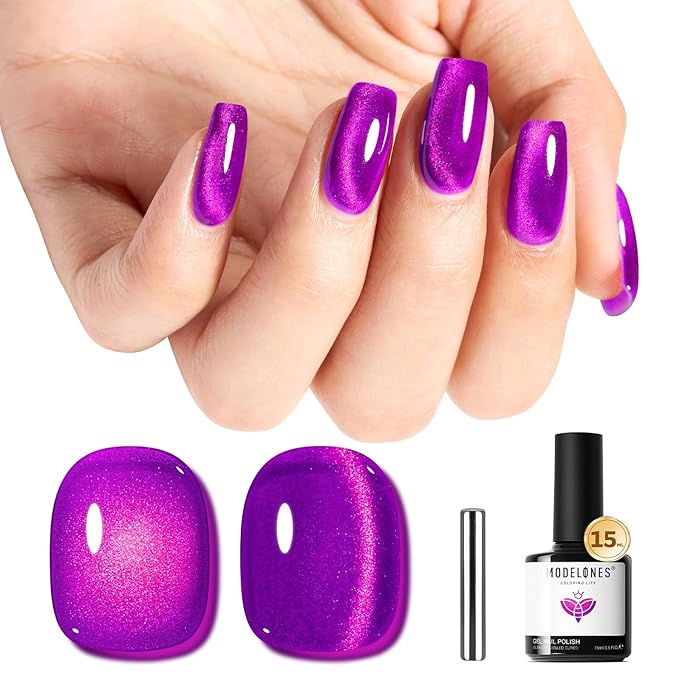 modelones Cat Eye Gel Nail Polish, Purple Magnetic Nail Polish with Magnet Yellow Glitter Soak Off U V Winter Gel Polish Shimmer Nail Art Top Coat Manicure Salon DIY