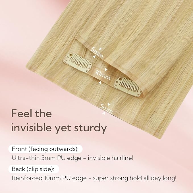 HOTBANANA Clip in Hair Extensions 14 inch 130g 7pcs Light Blonde Highlighted Golden Blonde Clip in Remy Human Hair Extensions Straight Hair Invisi Edge Clip Hair Full Head