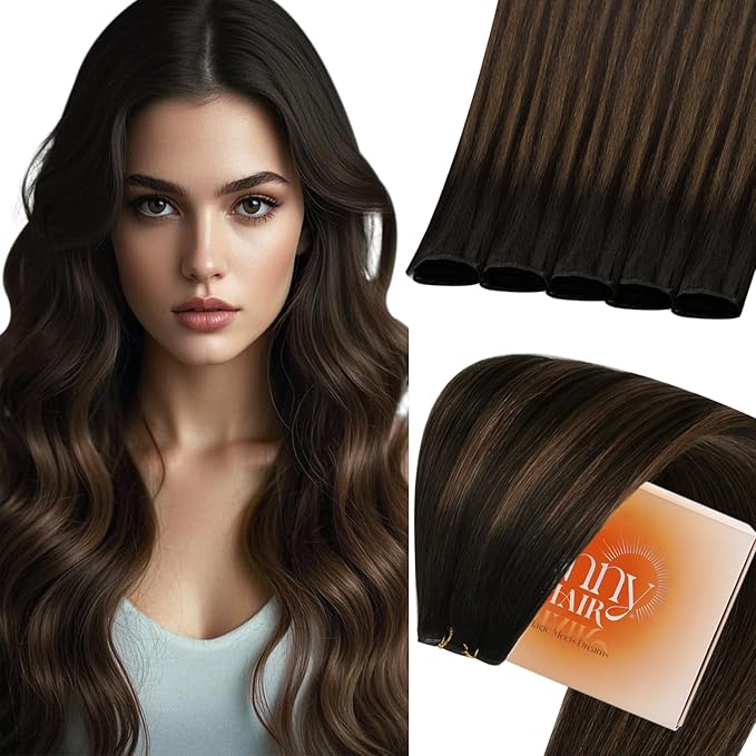 Sunny Hair Genius Weft Extensions Real Human Hair Brown Balayage Genius Weft Hair Extensions Human Hair Balayage Dark Brown Mix Light Brown Human Hair Extensions Sew in Bundles 20inch