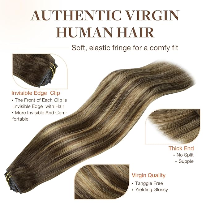 GOO GOO Invisi Edge Clip in Hair Extensions 24inch 160g 7Pcs Injected Seamless PU Clip in Hair Extensions, Virgin Real Human Hair, 4/27/4 Balayage Chocolate Brown to Caramel Blonde