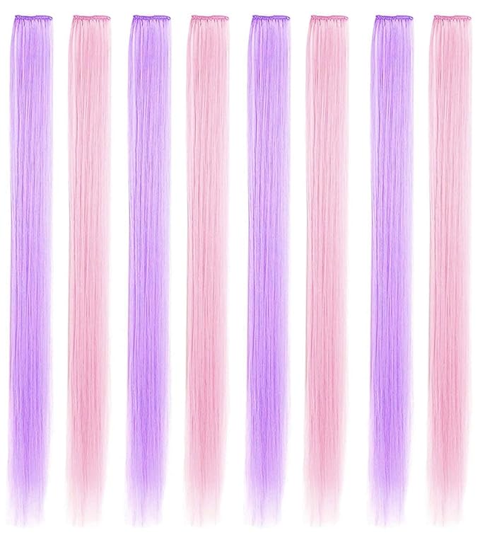 8PCS Light Pink&Light Purple 21''Colorful Party Highlights Clip in Colored Hair Extensions Multicolor Straight Synthetic Hairpieces for Women Kids Girls