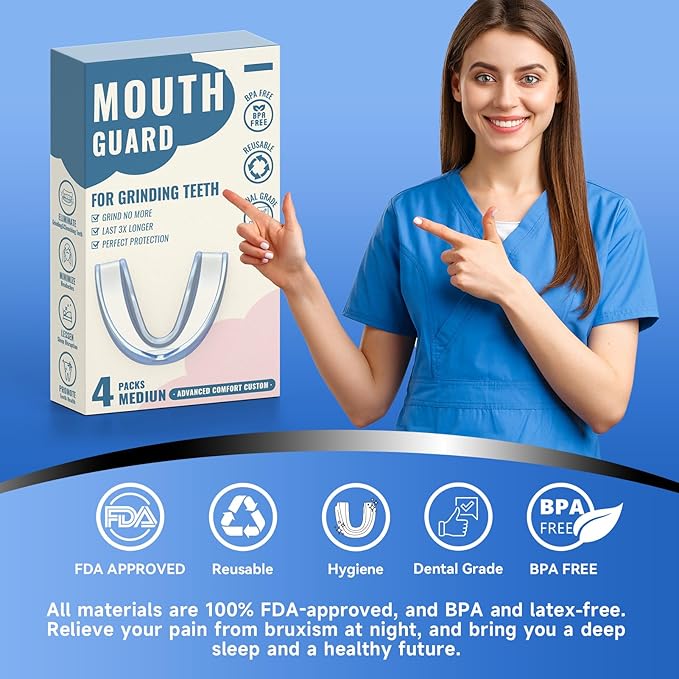 4 Pack Blue Mouth Guards for Women and Teens, Medium Size, Moldable Night Guards for Teeth Grinding and Clenching, Comfortable Bite Guards, Stylish Custom Dental Guards for Protection