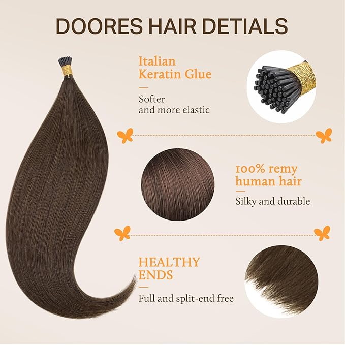 DOORES I Tip Hair Extensions, Chocolate Brown 50g/100s 14 Inch, I Tips Hair Extensions Human Hair Remy Hair Extensions Silky Straight Itip Extensions Natural Cold Fusion Hair Extensions