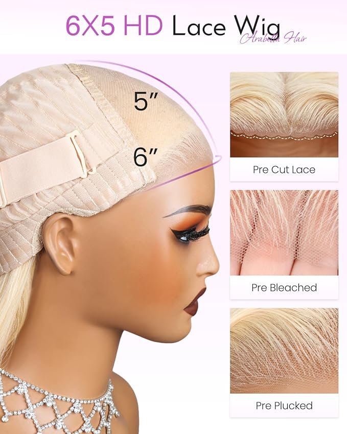 Arabella Hair 5x6 Glueless Wigs Human Hair 613 Lace Front Human Hair Wig Ready to Go 230% Density Pre Cut Pre Plucked Bleached Knots Blonde Straight HD Lace Frontal Wig (16inch, 5x6 Straight Wig)