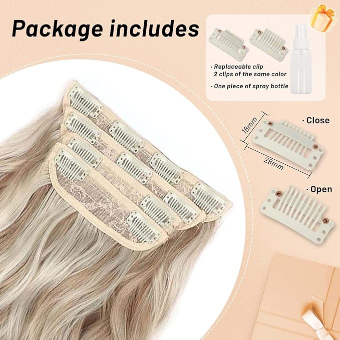 4PCS Clip in Hair Extensions for Women 20inch Dark Ash Blonde Mixed Bleach Blonde Synthetic Clip in Long Wavy Hair Extension Double Weft Hairpieces Full Head For Women (20INCH, P18/60T)