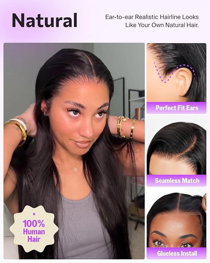 13x6 HD Lace Front Wigs Human Hair 220% Density Glueless Wigs Human Hair Pre Plucked Pre Cut Upgrade Ear-to-Ear Frontal Straight Wigs for Women Glueless Drawstring Wig with Tapes 22 Inch