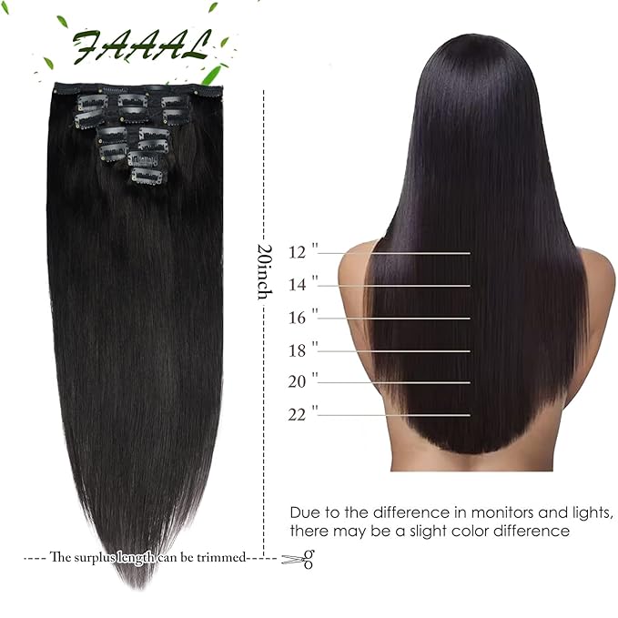 20" Clip in Human Hair Extensions Full Head 180g 7 Pieces 16 Clips Natural Black Double Weft Brazilian Real Remy Hair Extensions Thick Straight Silky (20" 180g, #1B)