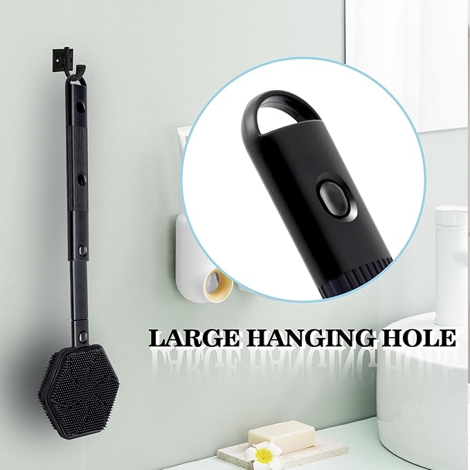 Silicone Back Scrubber for Shower with 21" Extendable Handle–Dual-Sided Long Handle Bath Brush for Exfoliating&Massage–Non-Slip Grip, Gentle&Deep Cleansing Body Brush for Men, Women, Seniors (Black)