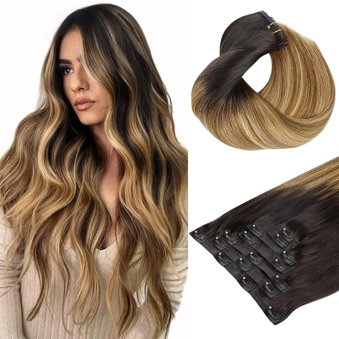 HOTBANANA Seamless Clip in Hair Extensions Balayage Ombre Brown to Dirty Blonde (Warm Tone) 20 inch 150g 7pcs Clip in Remy Human Hair Extensions Straight Hair Invisible PU Skin Weft