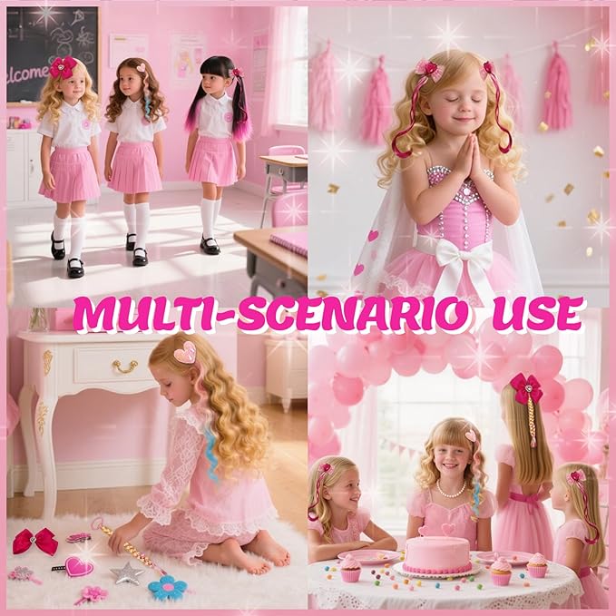 6 PCS Tinsel Hair Extensions for Girls, Pink Hair Clips for Toddler Girl, Princess Dress up Hair Pieces, Cute Gifts and Costume Hair Accessories Set for Little Princess (Doll-Inspired)