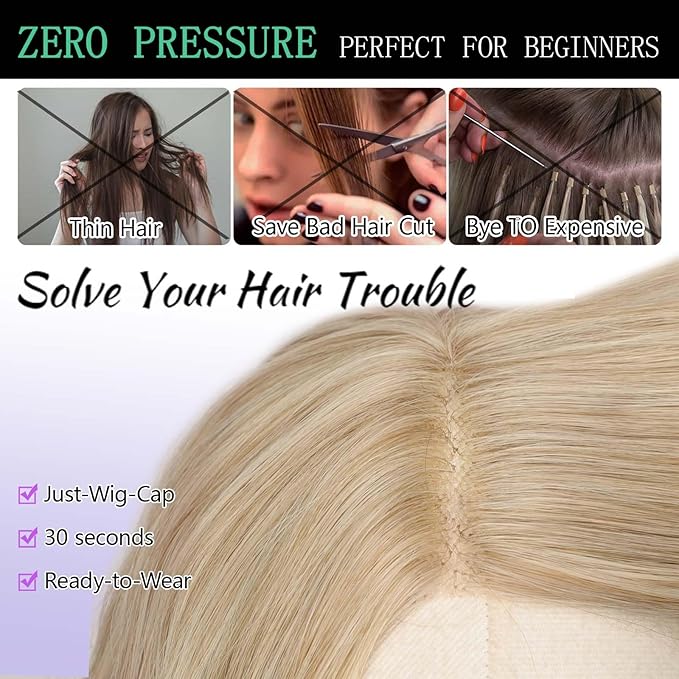 AISI HAIR 14 Inch Beach Gold Wigs for Women - Shoulder Length Wave Wig with Pre-Cut Lace Hairline, Middle Part Natural Wavy Bob Synthetic Heat Resistant Fiber for Daily and Party