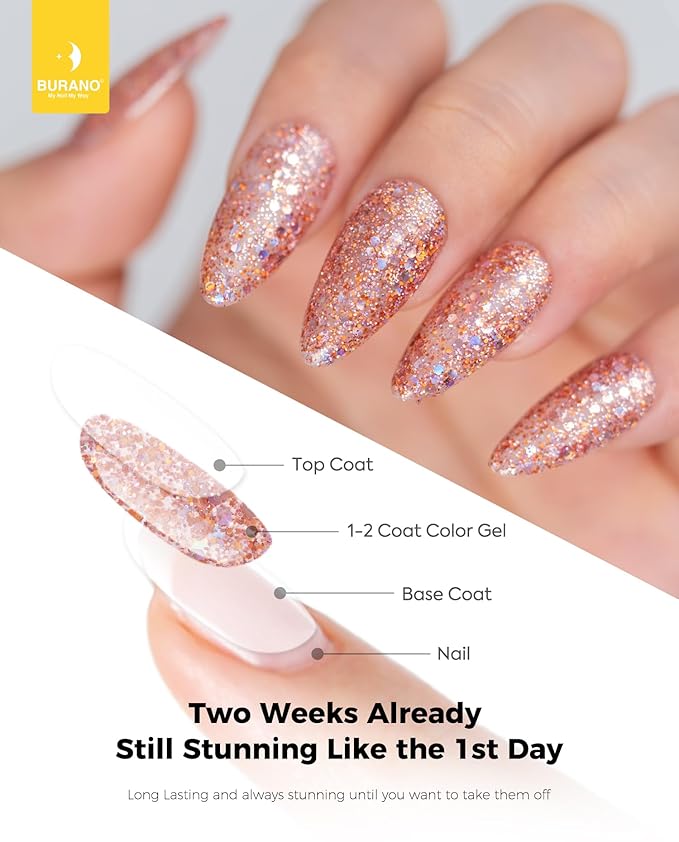 BURANO Glitter Nail Polish, LED UV Shimmer Holographic Effect Soak Off, No Chip Sparkle Gel for Home DIY Nail Salon (Sparkly LP16)