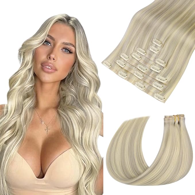 HOTBANANA Seamless Clip in Hair Extensions, 16 Inch 110g 7pcs Ash Blonde Highlighted Platinum Blonde Invisible PU Skin Weft Straight Remy Human Hair Extensions
