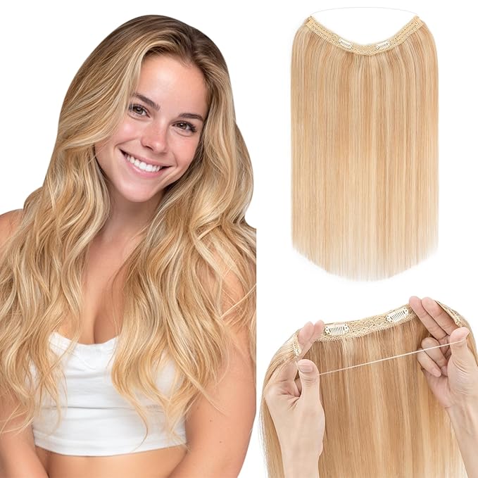 Hairro Wire Hair Extensions Human Hair, Fish Line Invisible Adjustable & Clips in Extensions Straight, 100% Real Hairpieces Seamless Blending for Women, 18 Inch 80g Ash Blonde Mix Bleach Blonde