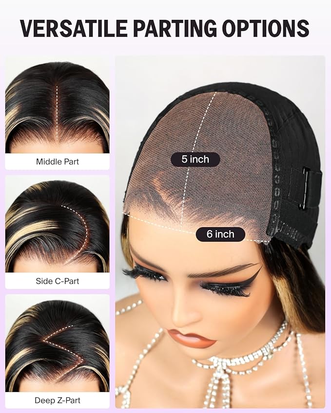 Balayage Wig Human Hair Glueless Straight Wig Human Hair 6x5 Lace Front Wig 220% Density Highlight Straight Closure Wig FB27# Bleached Tiny Knots 26 Inch