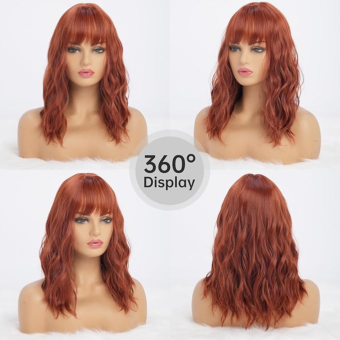Copper Red Wigs with Bangs for Women Synthetic 16 inch Medium Length Wigs with Natural Long Wavy Fringe Bang wig Heat Resistant Hair for Daily Party Use (Copper)
