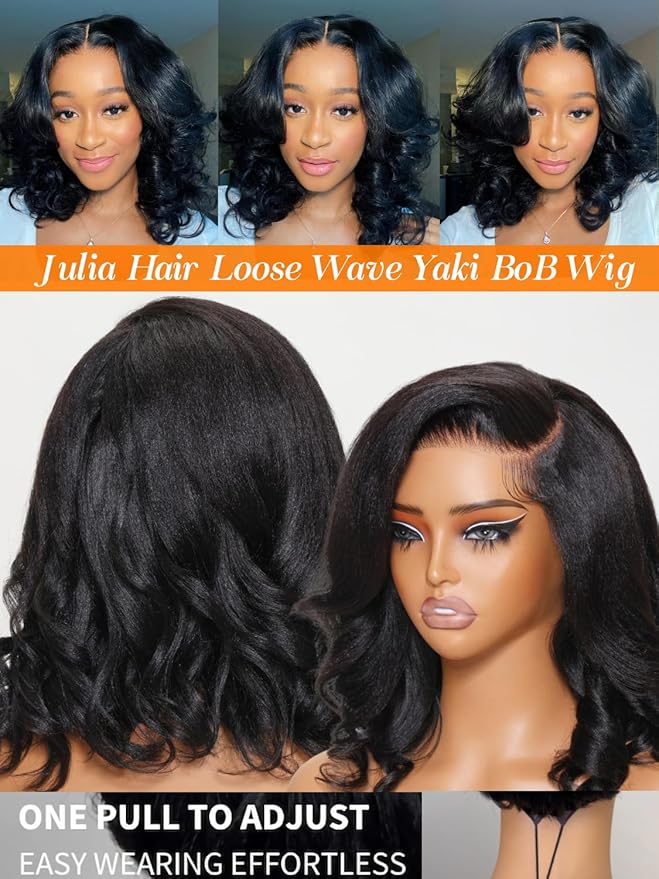 Julia Hair 12 Inch Light Yaki Loose Wave Bob Wig Put On and Go Glueless 13X4 HD Lace Front Short Natural Black Wigs Pre Plucked Pre Cut Lace Bleached Knots with Elastic Drawstring