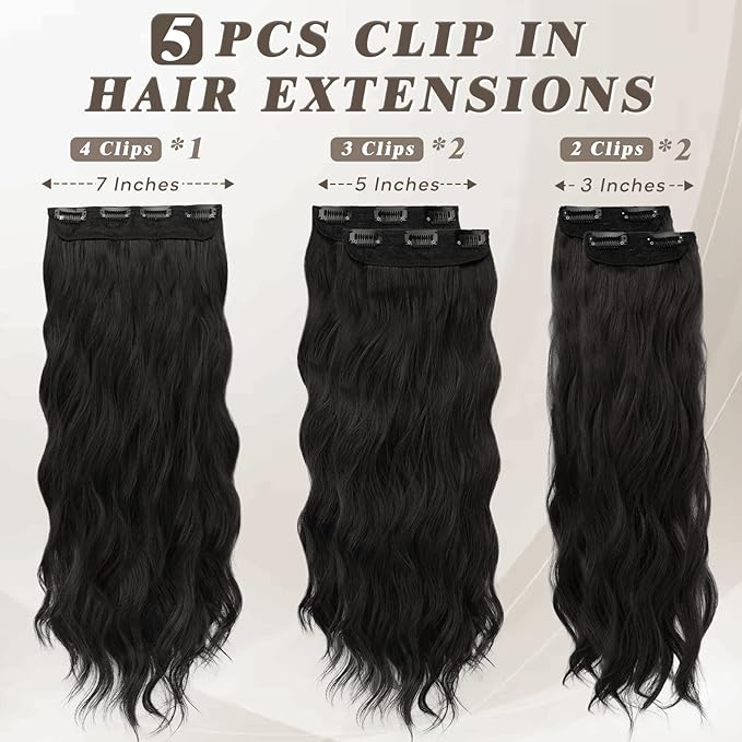 BARSDAR 18 Inch Wavy Clip in Hair Extensions – 5PCS Thick Soft Synthetic Hairpieces – Natural Black Full Head Clip in Hair Extensions for Women – Long Voluminous Easy Wear for Daily Party Halloween
