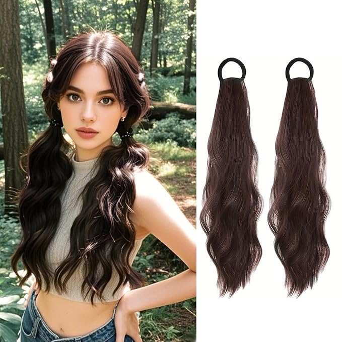 2PCS Curly Ponytail Extension with Hair Tie Hair Natural Wig Elastic Band Wave Fake Ponytail Wigs Accessories for Women Daily 17 Inch (2pcs-brown)
