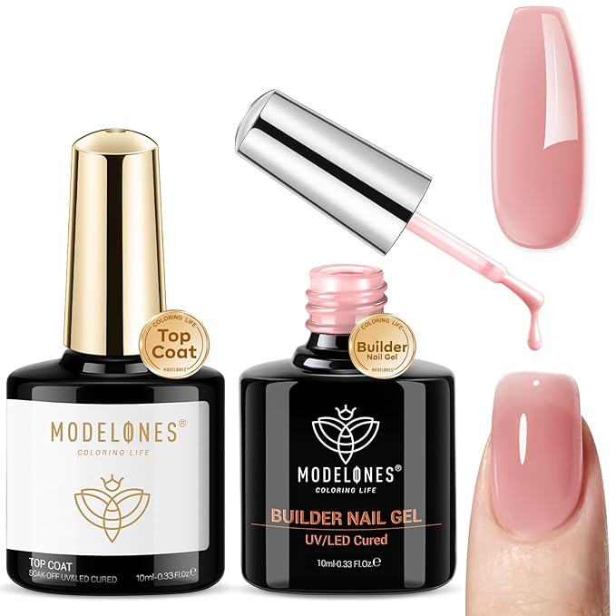 modelones Builder Nail Gel with Gel Top Coat, 8-In-One Nude Pink Builder Acid Free Top Coat for Color Rubber Base Nail Polish Thickening Apex Building Shine Finish, LED Lamp Cured 10ml Home DIY Salon