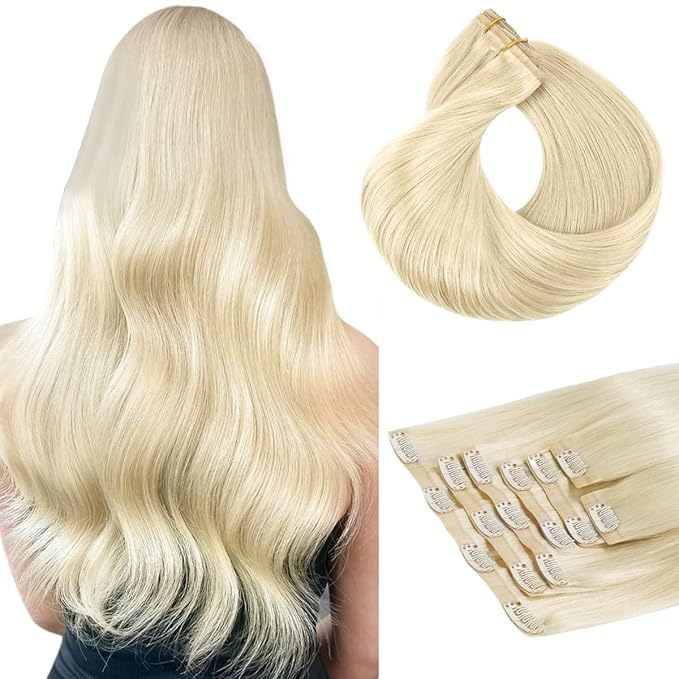 HOTBANANA Seamless Clip in Hair Extensions, 14 Inch 120g 7pcs Ivory Blonde Invisible PU Skin Weft Straight Remy Human Hair Extensions