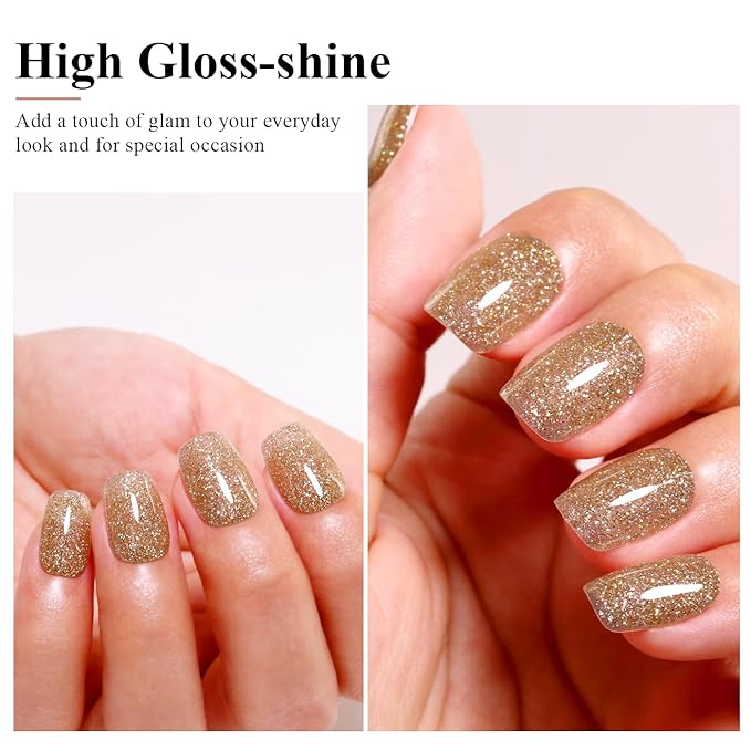 Imtiti Champagne Gold Glitter Gel Polish, LED U V Soak Off Shimmer Sparkle Nail Gel Polish DIY Nail Art Starter Kit for Women Girls 10ML