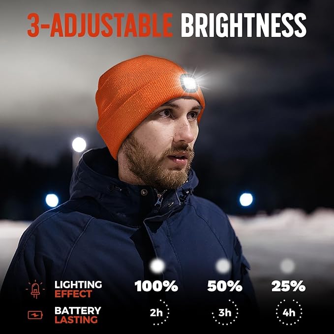 Unisex Beanie Hat with Light, Rechargeable Headlight Cap, Stocking Stuffers for Men, Cool Gadget Gifts for Him, Birthday Gifts for Women, Gifts for Him, Orange