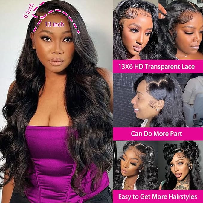 34 Inch Body Wave Lace Front Wigs Human Hair 220% Density Frontal Wigs for Black Women 13x6 HD Lace Front Wigs Pre Plucked Glueless Body Wave Wig