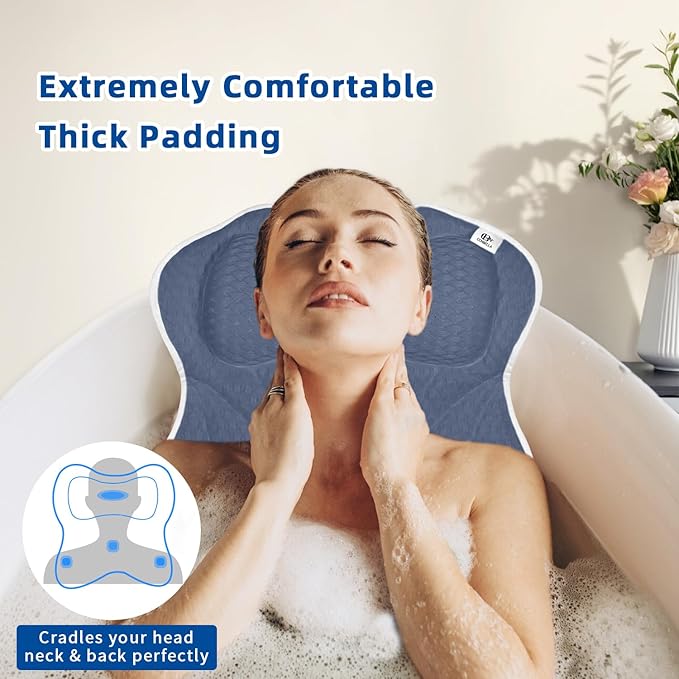 Bath Pillow, Bath Pillows for Tub Neck and Back Support, Bathtub Pillows for Head and Neck with 6 Strong Non-Slip Suction Cups, 4D Air Mesh, Bath Accessories Spa Gifts for Women(Blue)