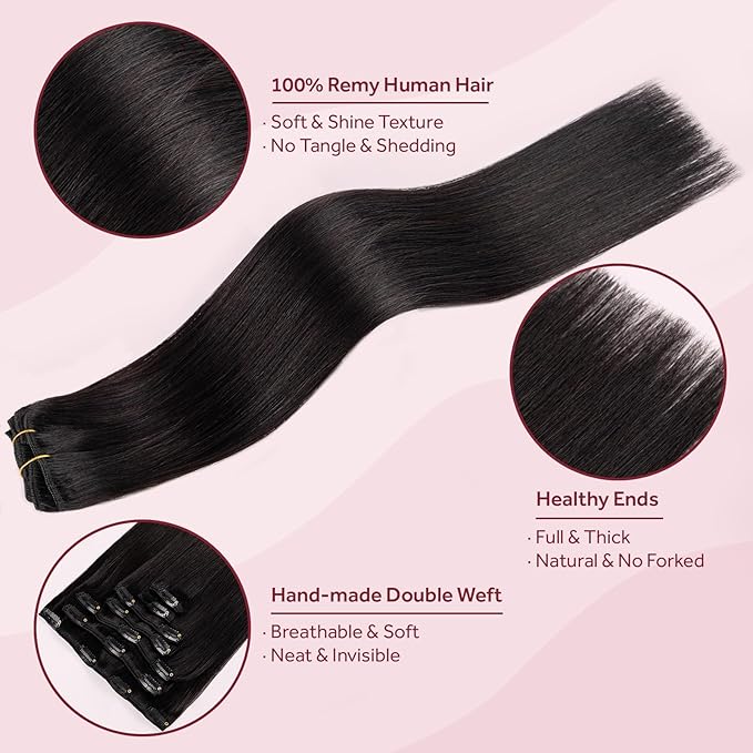 Clip in Hair Extensions Real Human Hair, Remy Hair Clip in Extensions Human Hair, Natural Black 100% Human Hair Extensions for Women #1B 16Inch 120G 7PCS