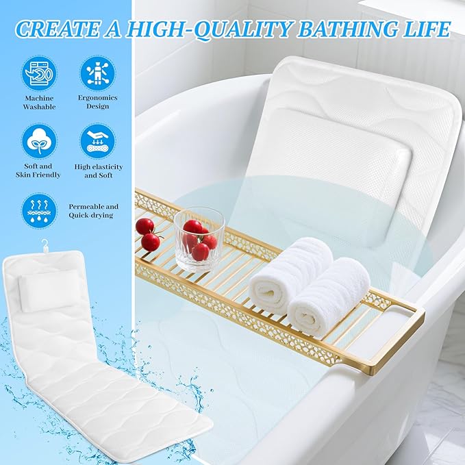 Bath Pillow for Tub with Laundry Bag & 17 Non-Slip Suction Cups, Extra Thick and Soft Bathtub Pillow for Head, Neck & Shoulder Support, 51" x 16" White